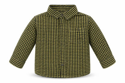 Front view of Mango boys’ yellow check cotton basic button-up, size 0-3, months collared button