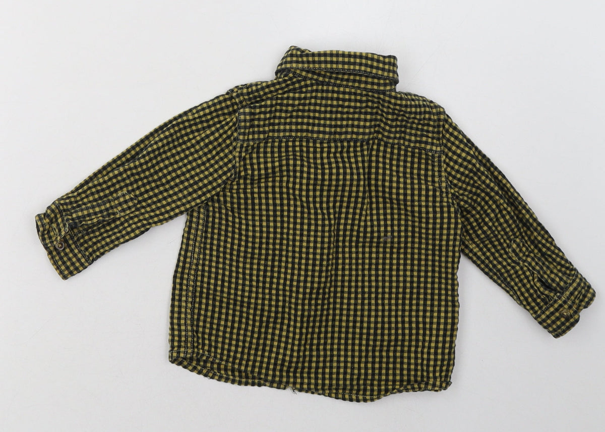 Back view of Mango boys’ yellow check cotton basic button-up, size 0-3, months collared button