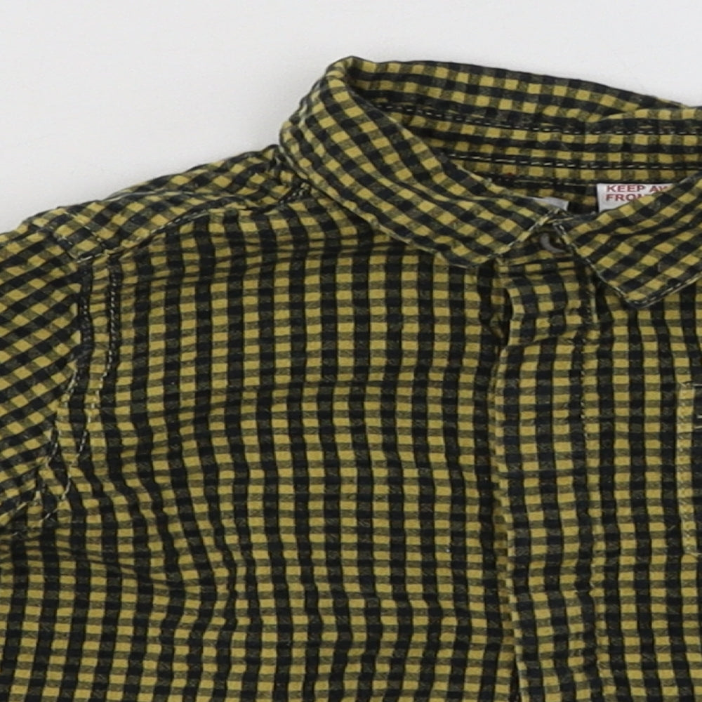 Close-up detail of Mango boys’ yellow check cotton basic button-up, size 0-3, months collared button