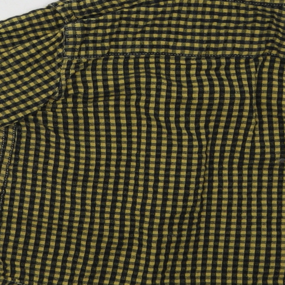Brand and care label for Mango boys’ yellow check cotton basic button-up, size 0-3, months collared button