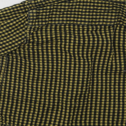Brand and care label for Mango boys’ yellow check cotton basic button-up, size 0-3, months collared button