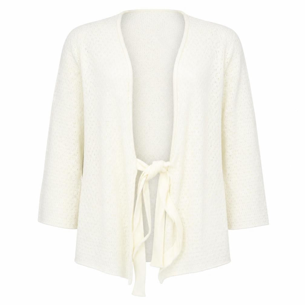 Front view of In the Style women’s beige scoop neck acrylic cardigan jumper, size UK 12