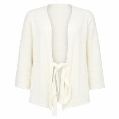 Front view of In the Style women’s beige scoop neck acrylic cardigan jumper, size UK 12