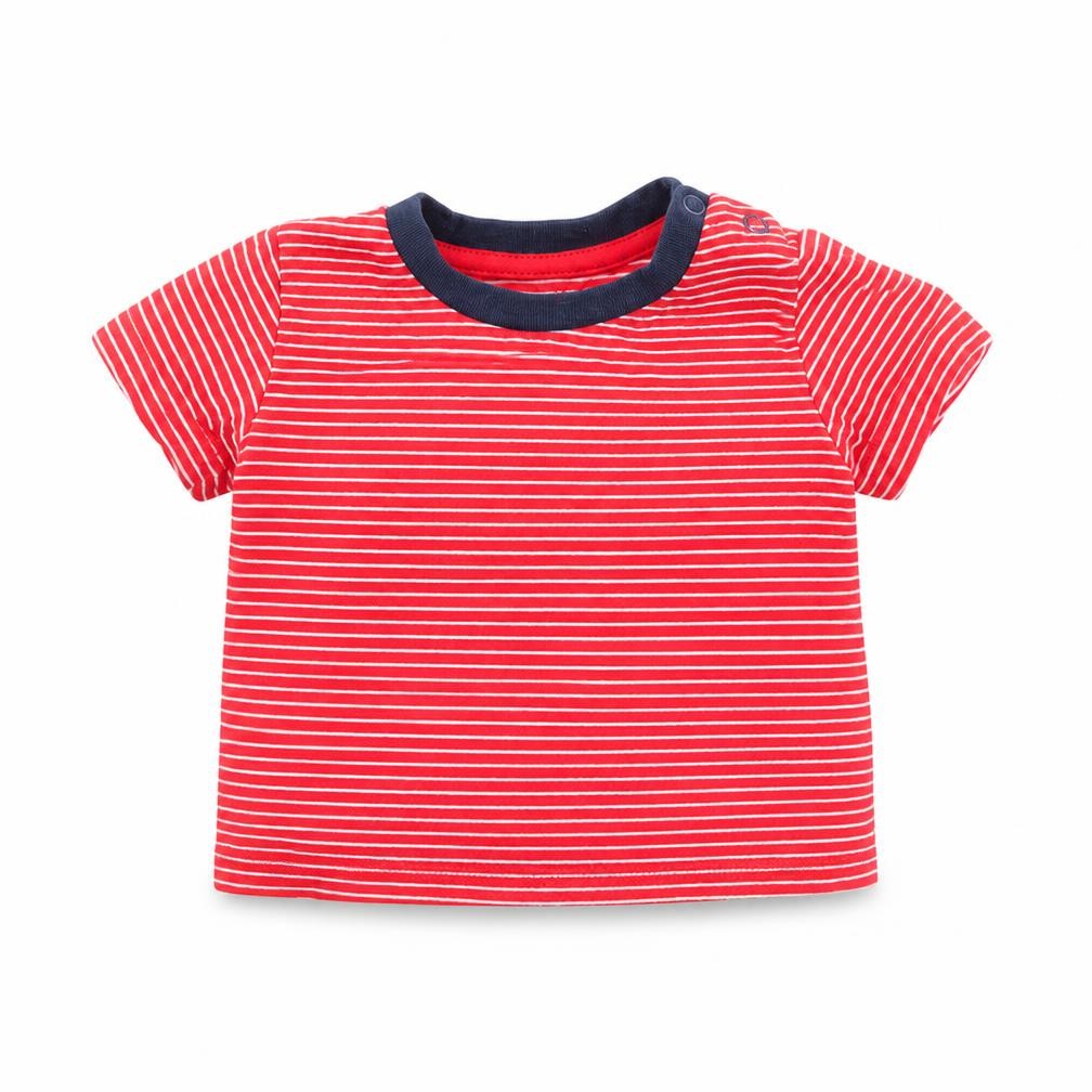 Front view of Early Days Baby Red Striped Cotton Basic T-Shirt, size 3-6, Months Round Neck