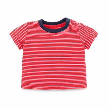Front view of Early Days Baby Red Striped Cotton Basic T-Shirt, size 3-6, Months Round Neck