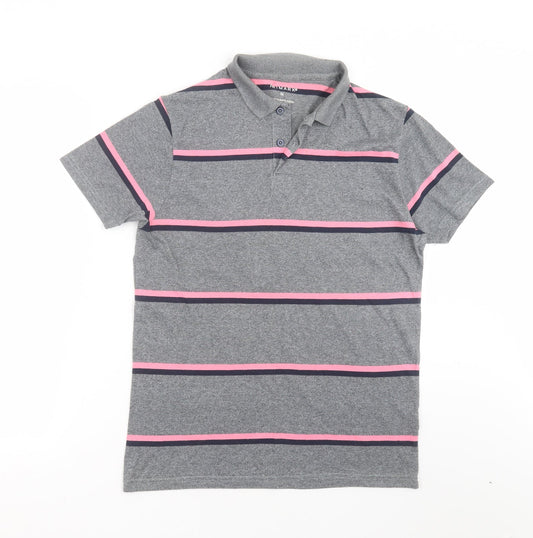 Primark Mens Grey Striped Cotton  Polo Size M Collared