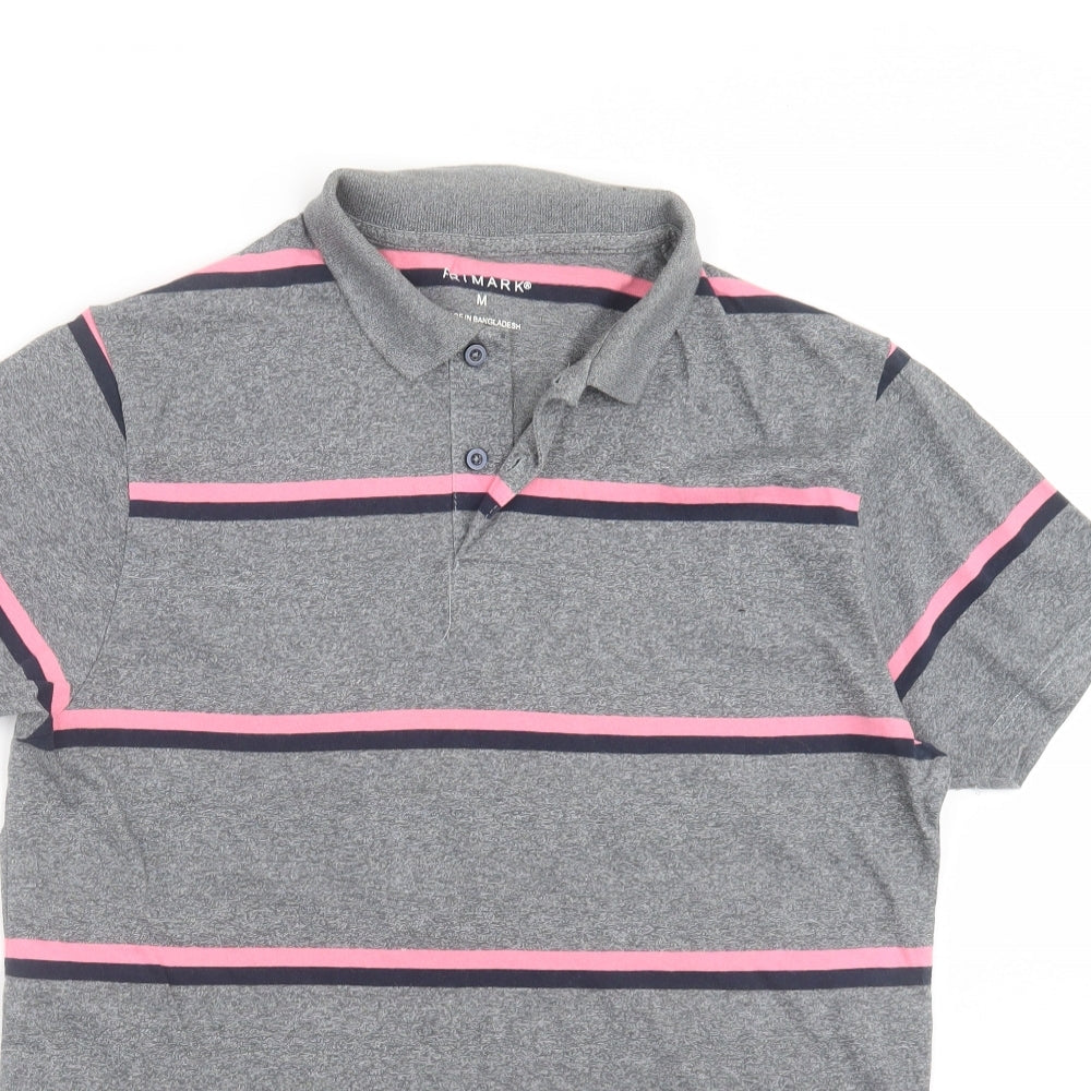 Primark Mens Grey Striped Cotton  Polo Size M Collared