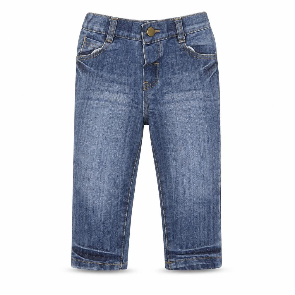 Front view of M&Co boys’ blue cotton jeans, size 12-18, months