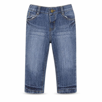 Front view of M&Co boys’ blue cotton jeans, size 12-18, months