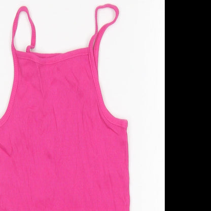 Close-up detail of George girls’ pink cotton basic tank, size 9-10, years square neck