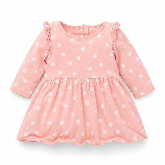 Matalan Girls Pink Polka Dot Cotton A-Line  Size 3-6 Months  Round Neck