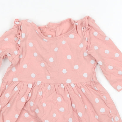 Matalan Girls Pink Polka Dot Cotton A-Line  Size 3-6 Months  Round Neck
