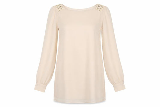 Front view of Atmosphere women’s beige polyester tunic blouse, round neck - metal like studs on shoulders sheer arms