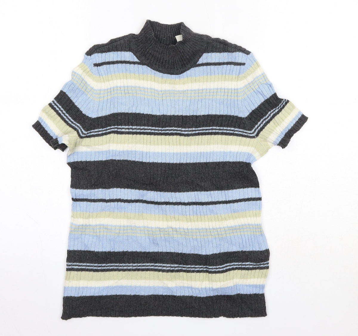 Additional front view of First Issue women’s blue high neck striped ramie jumper, size S