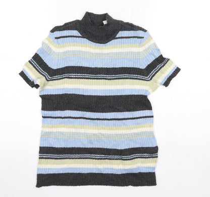 Additional front view of First Issue women’s blue high neck striped ramie jumper, size S