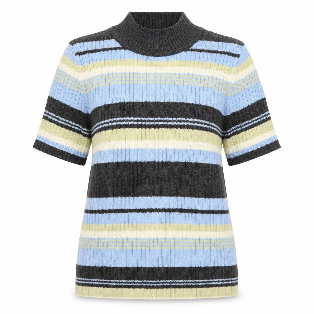 Front view of First Issue women’s blue high neck striped ramie jumper, size S