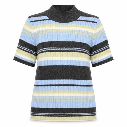 Front view of First Issue women’s blue high neck striped ramie jumper, size S