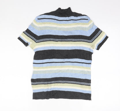 Back view of First Issue women’s blue high neck striped ramie jumper, size S