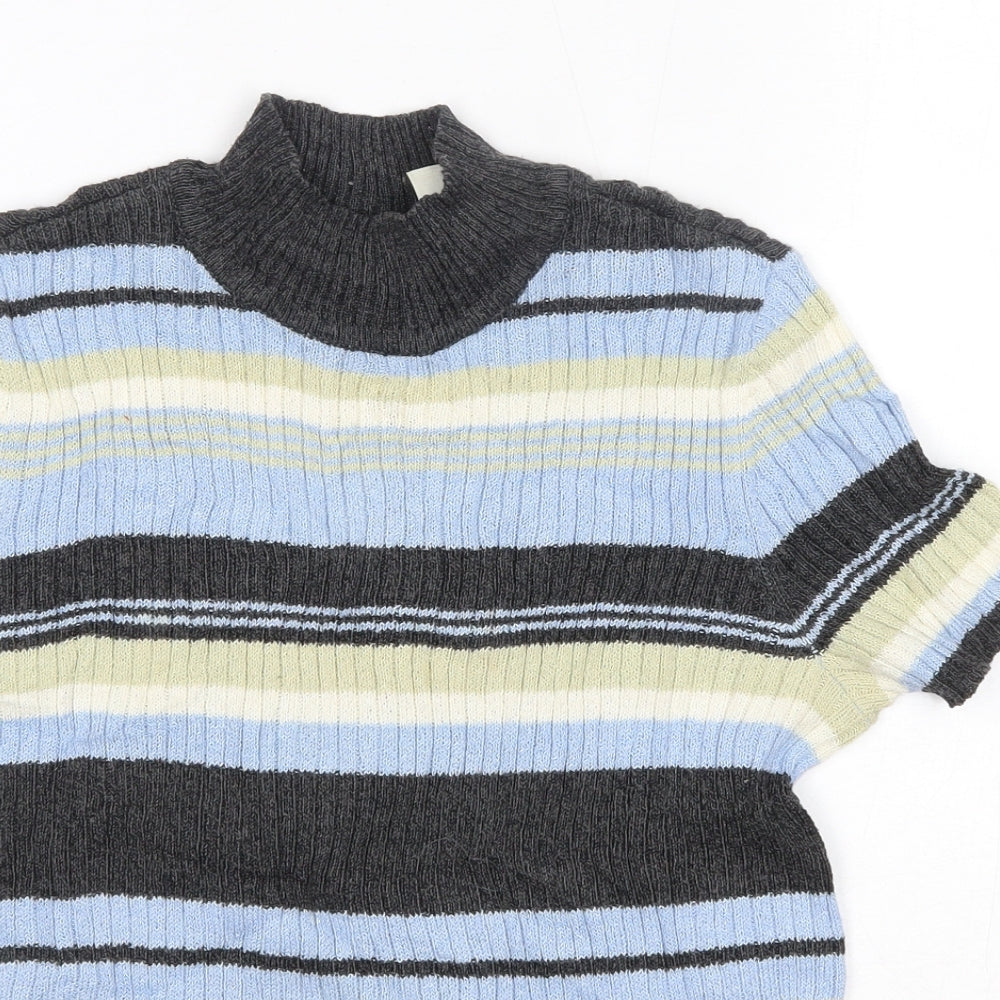 Close-up detail of First Issue women’s blue high neck striped ramie jumper, size S