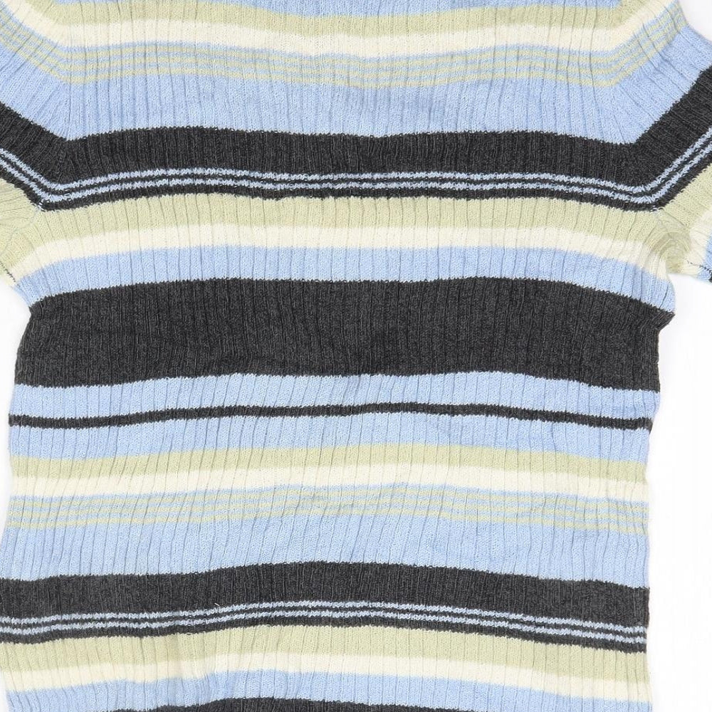 Brand and care label for First Issue women’s blue high neck striped ramie jumper, size S