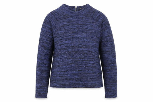 Front view of Marks & Spencer women’s blue round neck polyester jumper, size UK 14