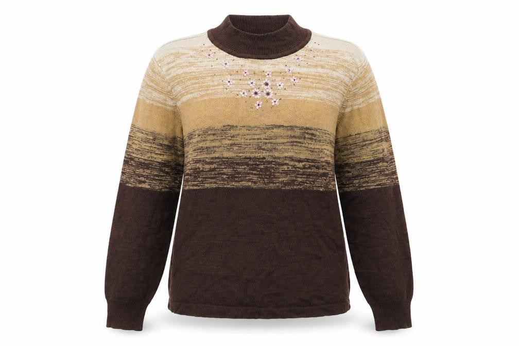 Front view of Montafon women’s brown high neck acrylic jumper, size L