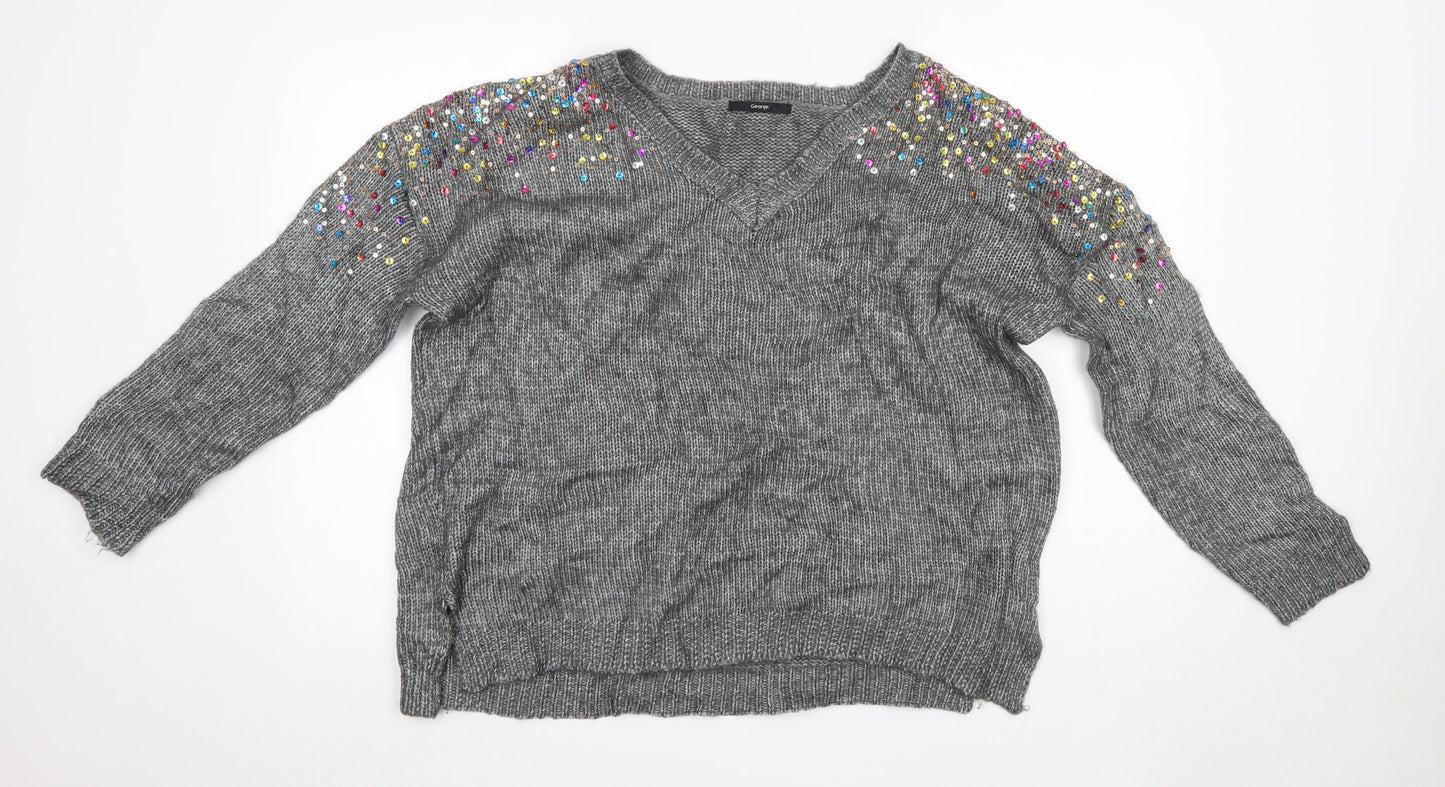 George Womens Grey V-Neck  Polyester Pullover Jumper Size M
