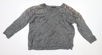 George Womens Grey V-Neck  Polyester Pullover Jumper Size M