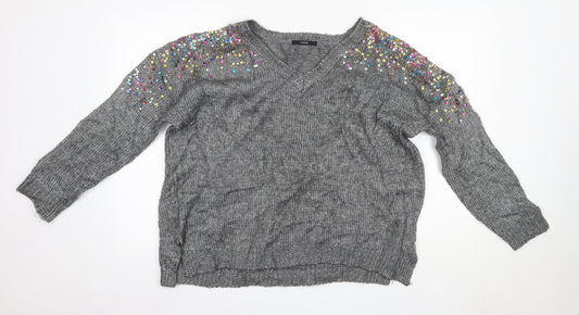 George Womens Grey V-Neck  Polyester Pullover Jumper Size M
