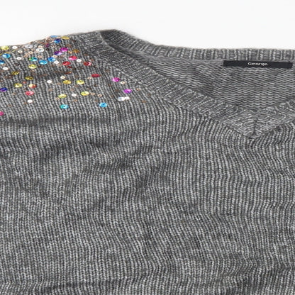 George Womens Grey V-Neck  Polyester Pullover Jumper Size M