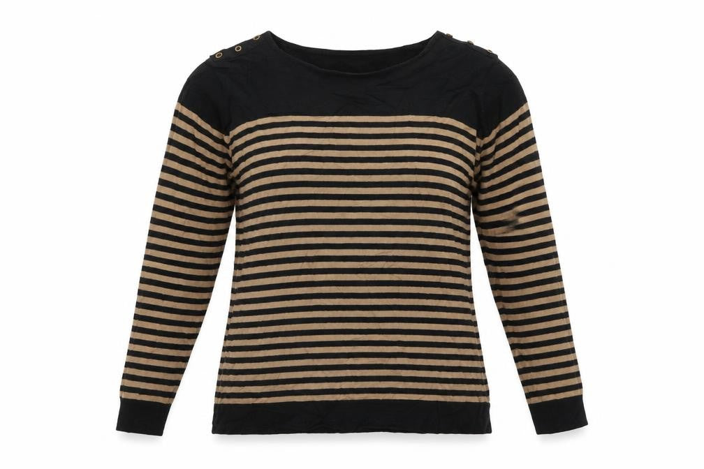 Front view of Isle women’s brown round neck striped 100% cotton jumper, size L