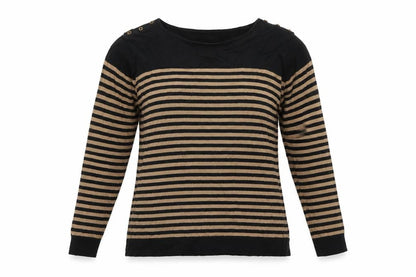 Front view of Isle women’s brown round neck striped 100% cotton jumper, size L