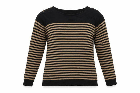 Front view of Isle women’s brown round neck striped 100% cotton jumper, size L