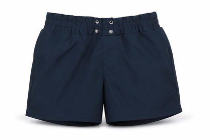 Front view of Lands' End boys’ blue polyester sweat shorts, size 6-7, years regular