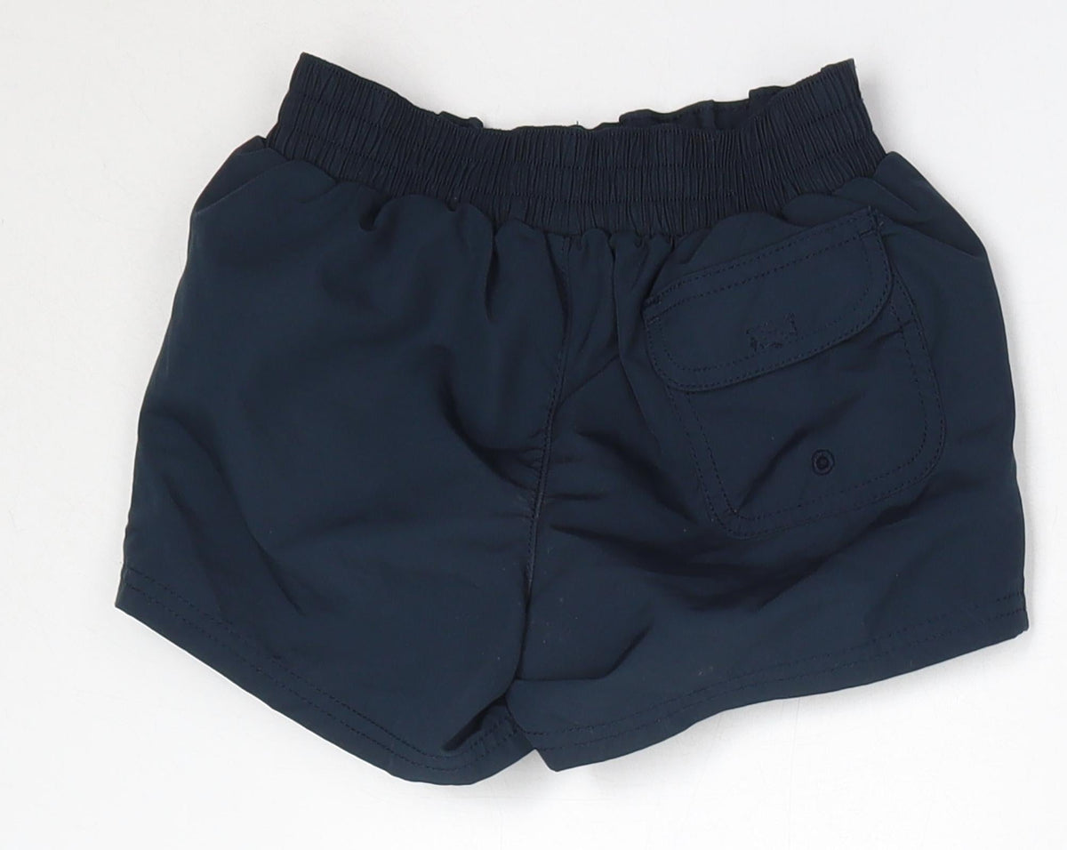 Back view of Lands' End boys’ blue polyester sweat shorts, size 6-7, years regular