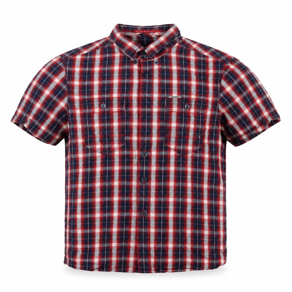 Front view of 883 Police men’s red check cotton button-up, size S, collared