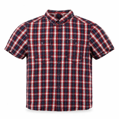 Front view of 883 Police men’s red check cotton button-up, size S, collared