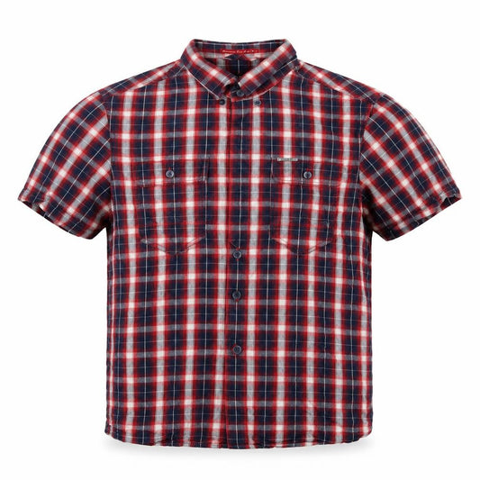 Front view of 883 Police men’s red check cotton button-up, size S, collared