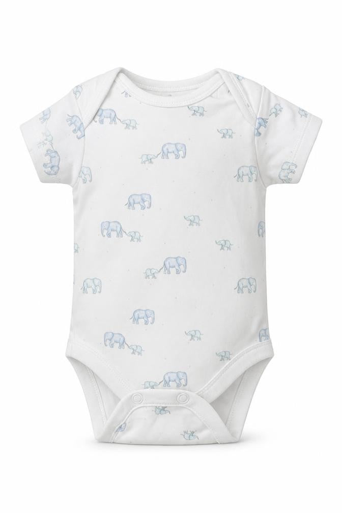 Front view of Next boys’ white cotton babygrow one-piece size newborn button - elephants