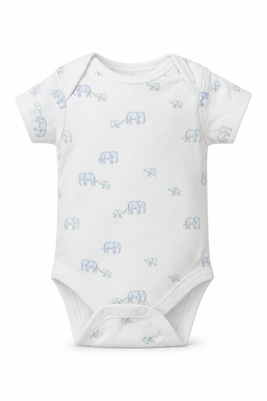 Front view of Next boys’ white cotton babygrow one-piece size newborn button - elephants