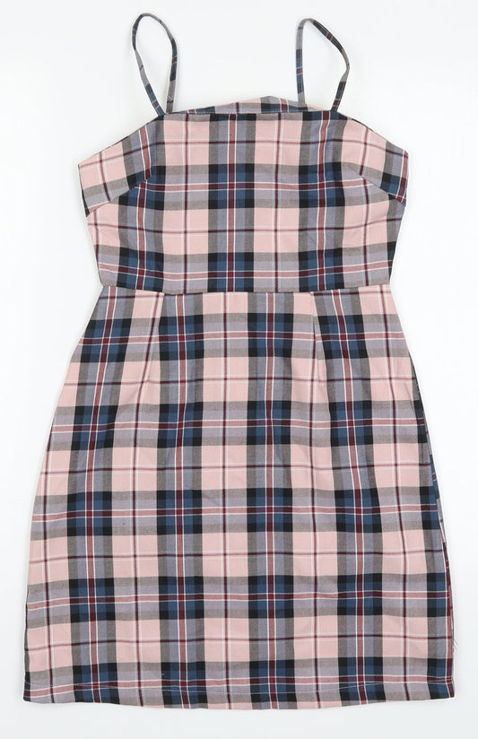 Primark Womens Pink Check Polyester Mini  Size 4  Round Neck Zip