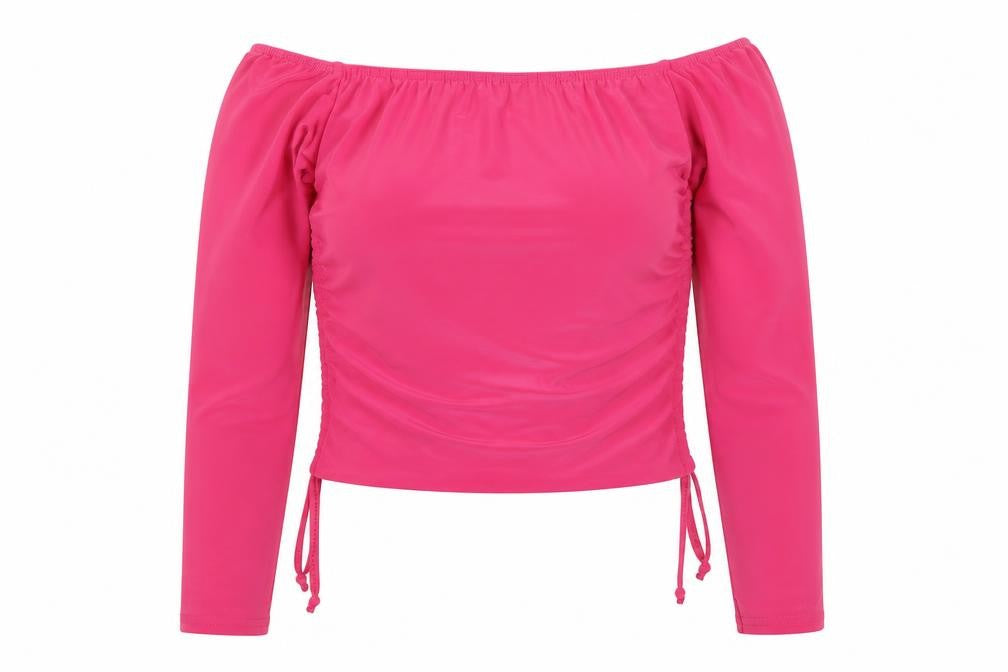 Front view of Nasty Gal women’s pink polyester cropped t-shirt, size UK 12, off the shoulder