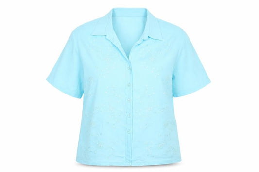 Front view of Roman women’s blue floral viscose basic button-up, size UK 16, collared