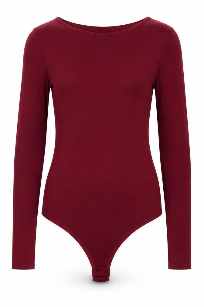 Front view of PRETTYLITTLETHING women’s red viscose bodysuit one-piece, size UK 6, button