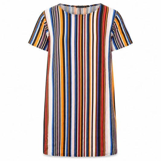 Front view of I SAW IT FIRST women’s multicoloured striped viscose t-shirt dress, size UK 6, round neck pullover