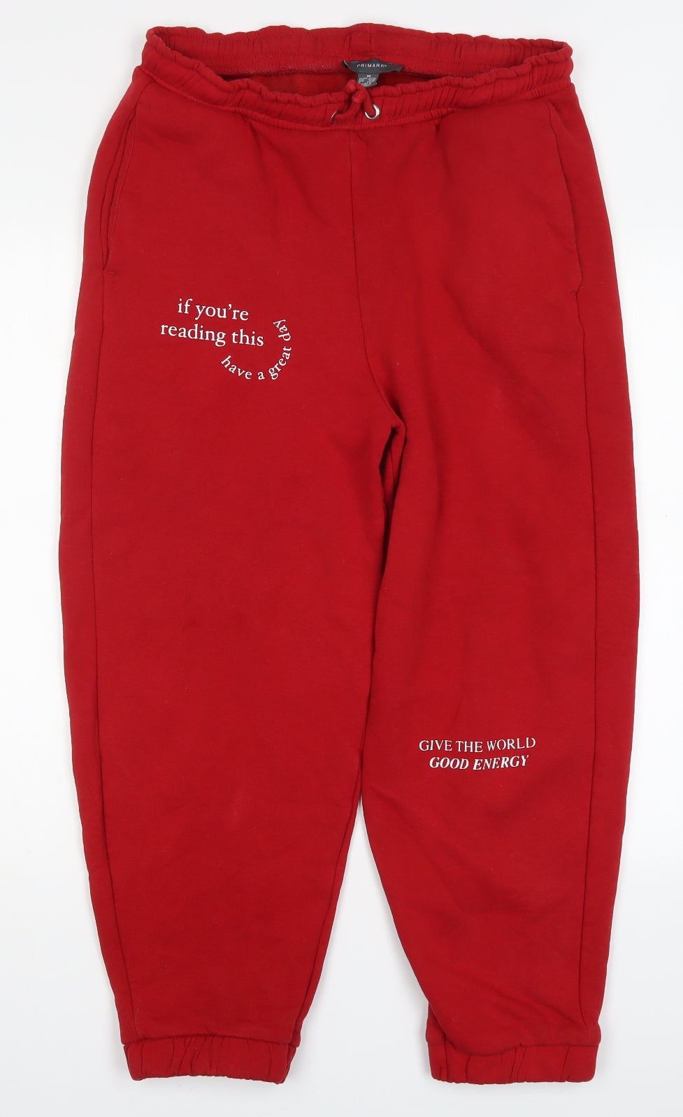 Primark Womens Red  Cotton Sweatpants Trousers Size 12 L26 in Regular Drawstring - If You're Reading This Have a Great Day Give the World Good Energy