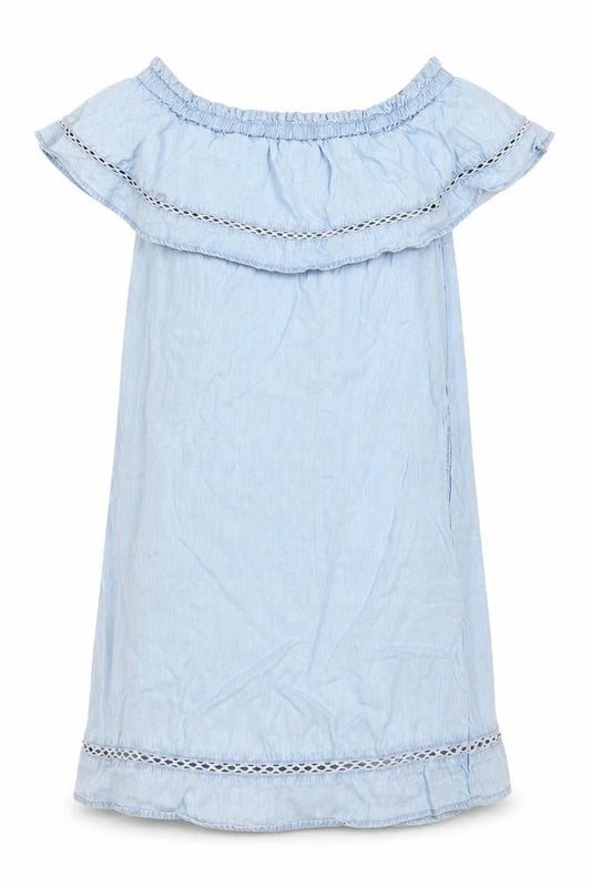 Front view of F&F women’s blue lyocell a-line, size UK 10, off the shoulder pullover