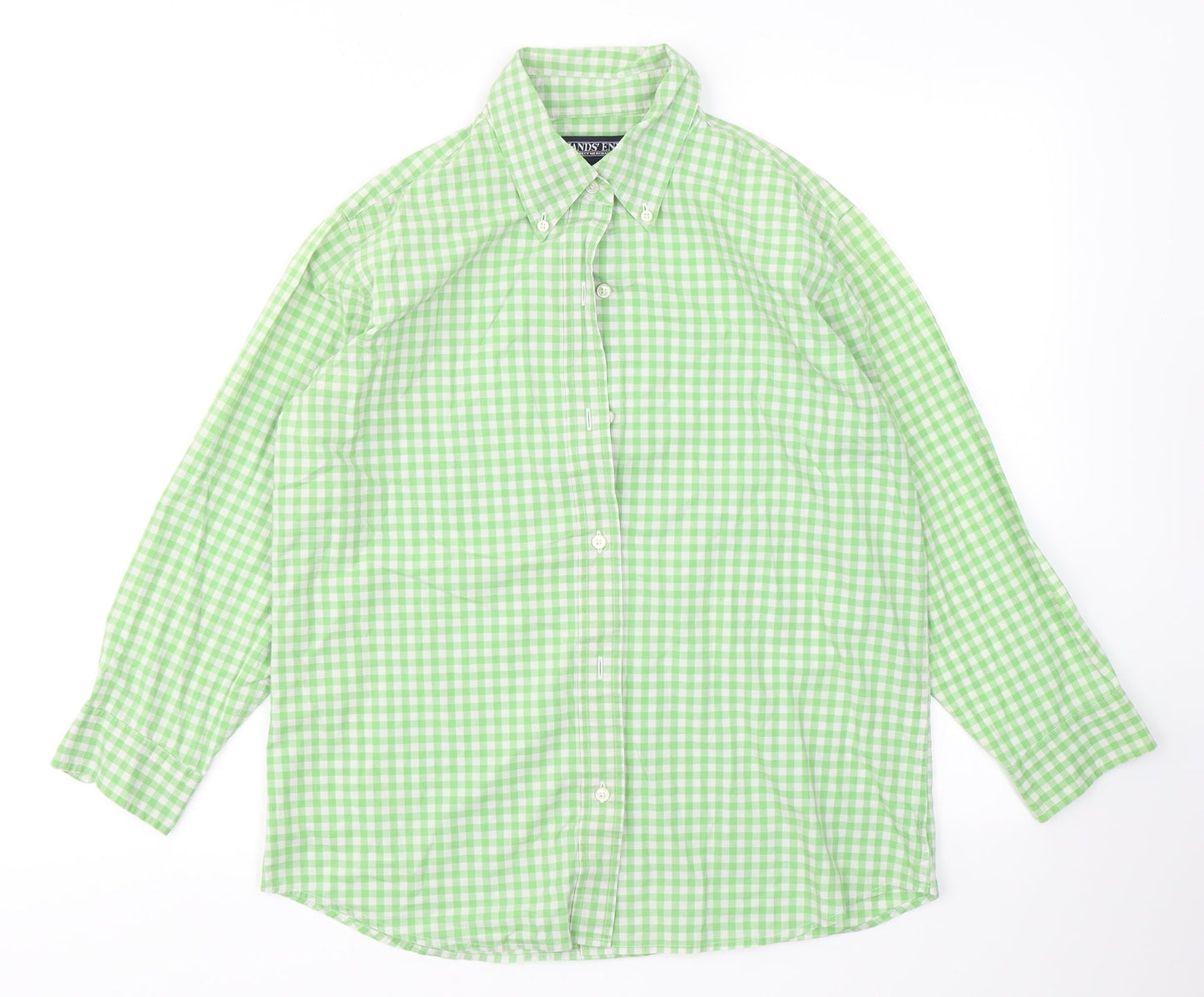 Lands' End Womens Green Check Cotton Basic Button-Up Size 6 Collared