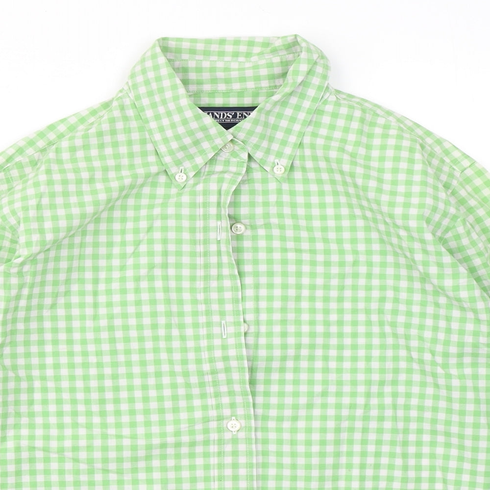 Lands' End Womens Green Check Cotton Basic Button-Up Size 6 Collared