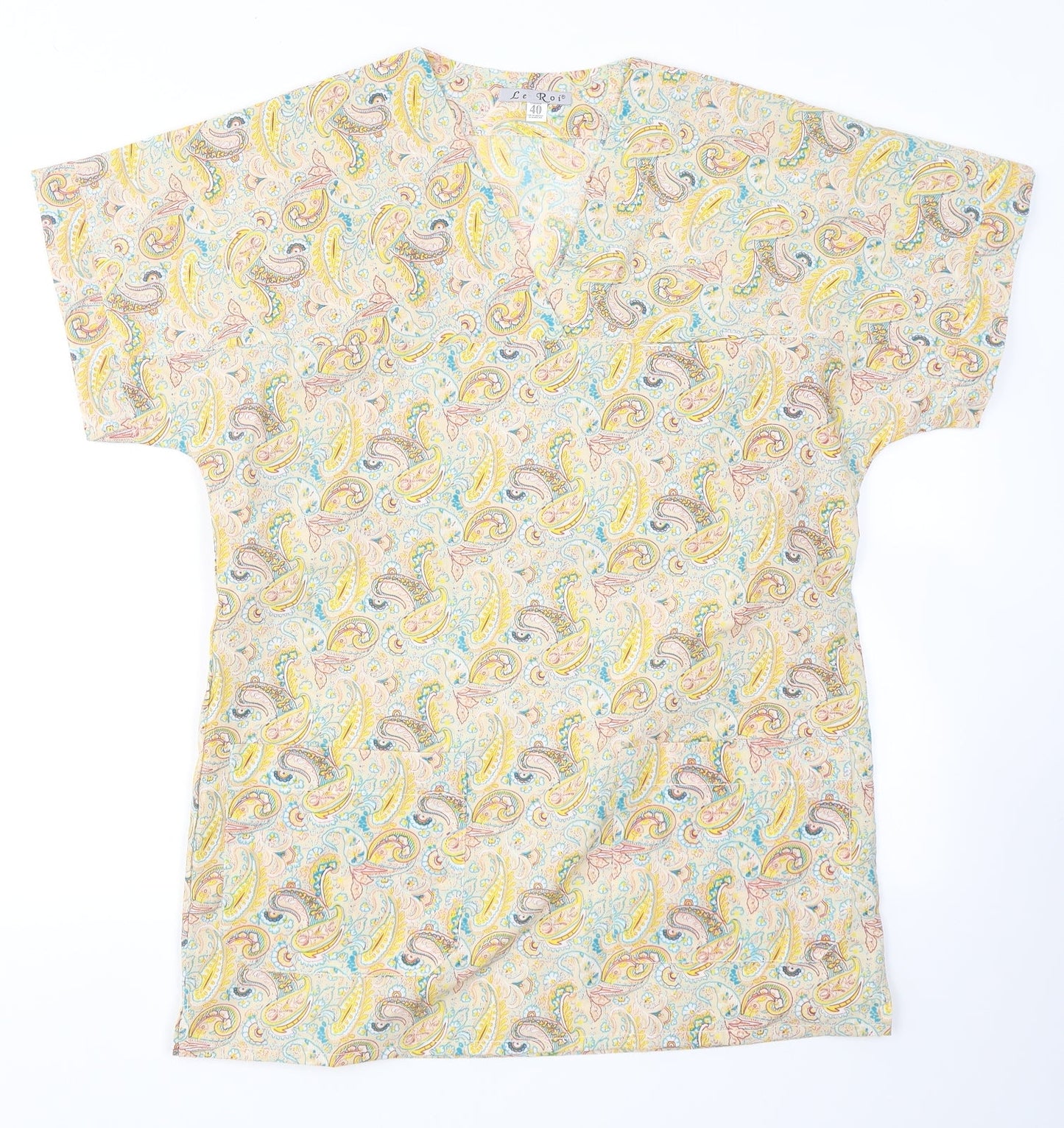 Le Roi Womens Yellow Paisley Polyester Tunic T-Shirt Size 12 V-Neck